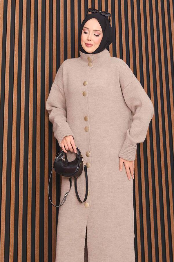 RAF - Boydan Gold Düğmeli Tesettür Triko Hırka Vizon (1)