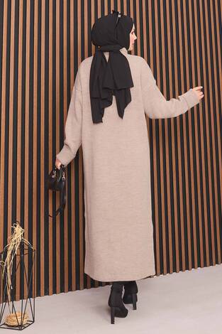 Boydan Gold Düğmeli Tesettür Triko Hırka Vizon - Thumbnail