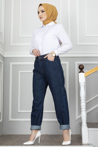 Boyfrıend Mom Jean Tesettür Pantolon Lacivert - Thumbnail