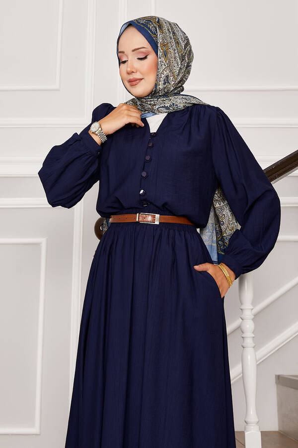 MD - Brit Düğme Detaylı Etekli İkili Takım Lacivert (1)