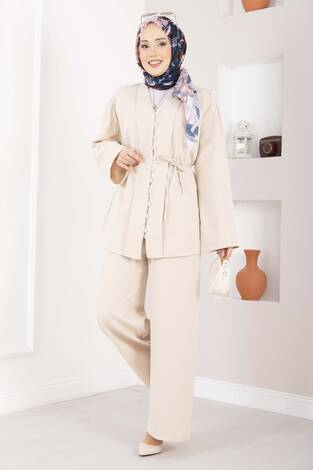 Brit Düğmeli Kuşaklı İkili Takım Bej
