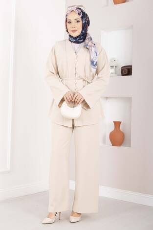 Brit Düğmeli Kuşaklı İkili Takım Bej - Thumbnail