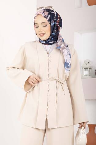 Brit Düğmeli Kuşaklı İkili Takım Bej - Thumbnail