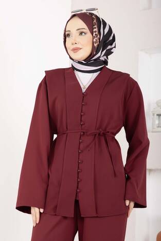 Brit Düğmeli Kuşaklı İkili Takım Bordo - Thumbnail