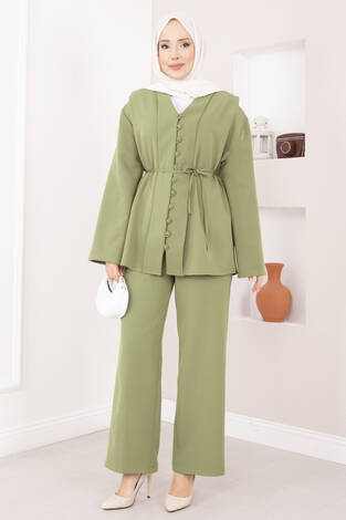 Brit Düğmeli Kuşaklı İkili Takım Haki - Thumbnail