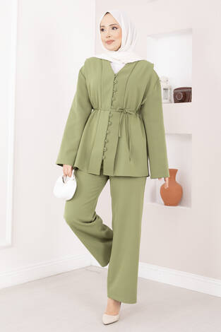 Brit Düğmeli Kuşaklı İkili Takım Haki - Thumbnail