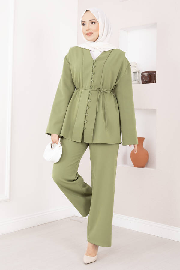 Mat - Brit Düğmeli Kuşaklı İkili Takım Haki