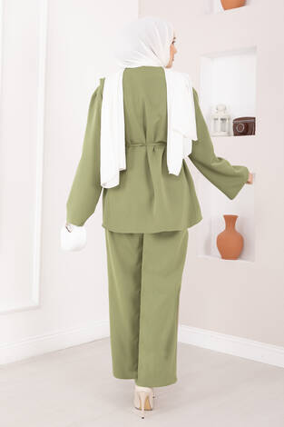 Brit Düğmeli Kuşaklı İkili Takım Haki - Thumbnail
