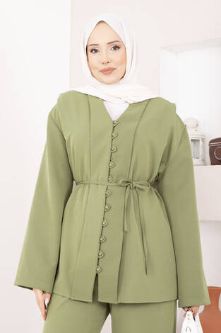 Brit Düğmeli Kuşaklı İkili Takım Haki - Thumbnail