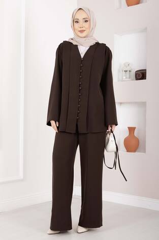 Brit Düğmeli Kuşaklı İkili Takım Kahve - Thumbnail