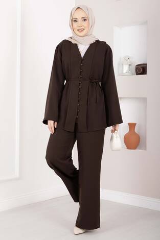 Brit Düğmeli Kuşaklı İkili Takım Kahve - Thumbnail