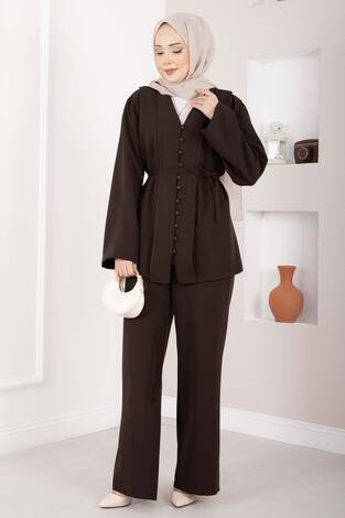 Brit Düğmeli Kuşaklı İkili Takım Kahve - Thumbnail