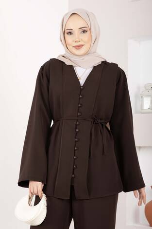 Brit Düğmeli Kuşaklı İkili Takım Kahve - Thumbnail