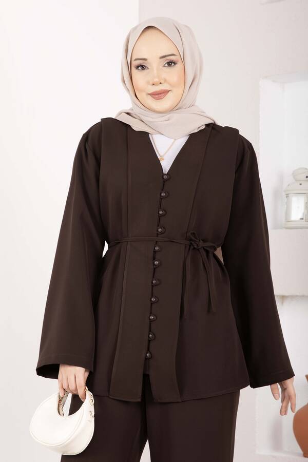 Mat - Brit Düğmeli Kuşaklı İkili Takım Kahve (1)