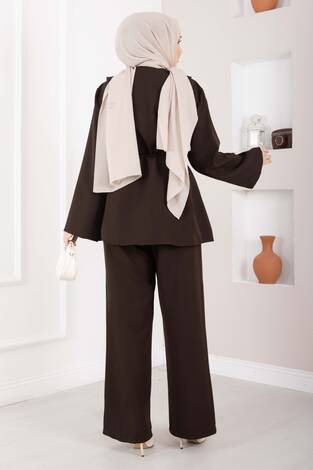 Brit Düğmeli Kuşaklı İkili Takım Kahve - Thumbnail