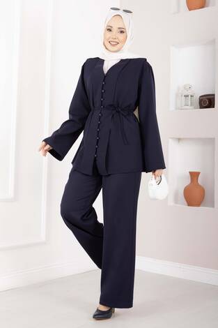 Brit Düğmeli Kuşaklı İkili Takım Lacivert - Thumbnail