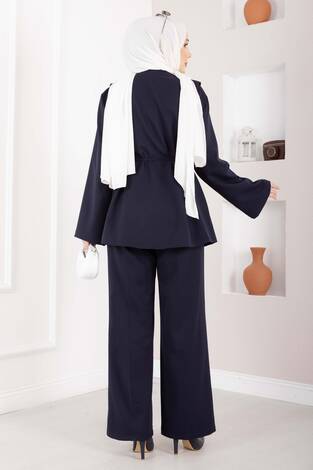 Brit Düğmeli Kuşaklı İkili Takım Lacivert - Thumbnail