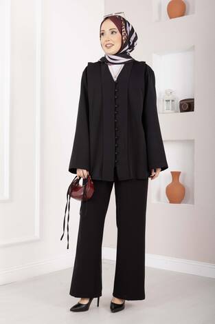 Brit Düğmeli Kuşaklı İkili Takım Siyah - Thumbnail