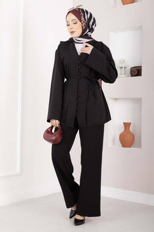 Brit Düğmeli Kuşaklı İkili Takım Siyah - Thumbnail