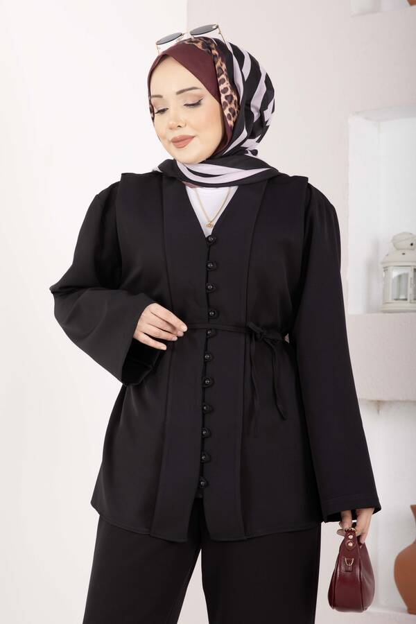 Mat - Brit Düğmeli Kuşaklı İkili Takım Siyah (1)