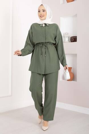 Broş Detaylı Beli Tünelli Tunik Takım Haki - Thumbnail