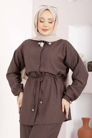 Broş Detaylı Beli Tünelli Tunik Takım Kahve - Thumbnail