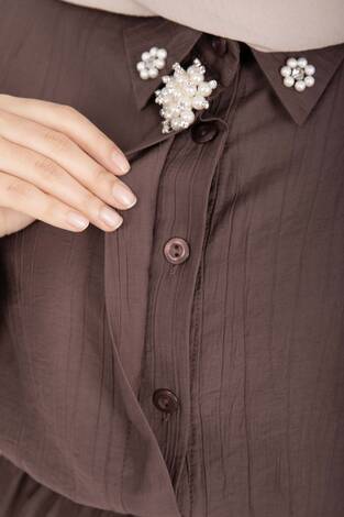 Broş Detaylı Beli Tünelli Tunik Takım Kahve - Thumbnail