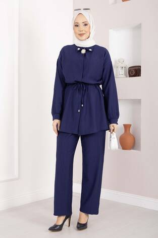 Broş Detaylı Beli Tünelli Tunik Takım Lacivert - Thumbnail