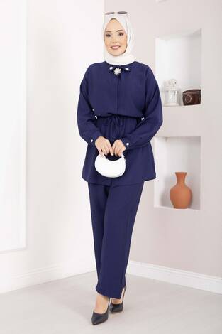 Broş Detaylı Beli Tünelli Tunik Takım Lacivert - Thumbnail