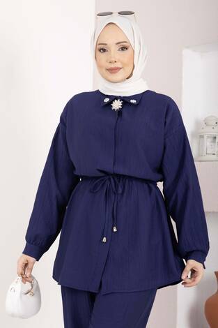 Broş Detaylı Beli Tünelli Tunik Takım Lacivert - Thumbnail