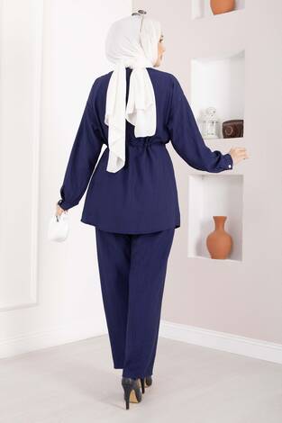 Broş Detaylı Beli Tünelli Tunik Takım Lacivert - Thumbnail