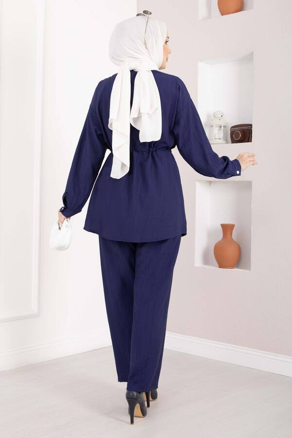 Broş Detaylı Beli Tünelli Tunik Takım Lacivert - 5