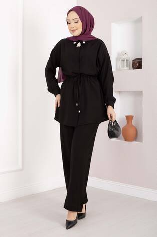 Broş Detaylı Beli Tünelli Tunik Takım Siyah - Thumbnail