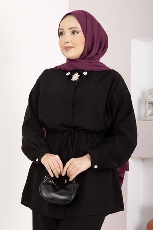 Broş Detaylı Beli Tünelli Tunik Takım Siyah - Thumbnail