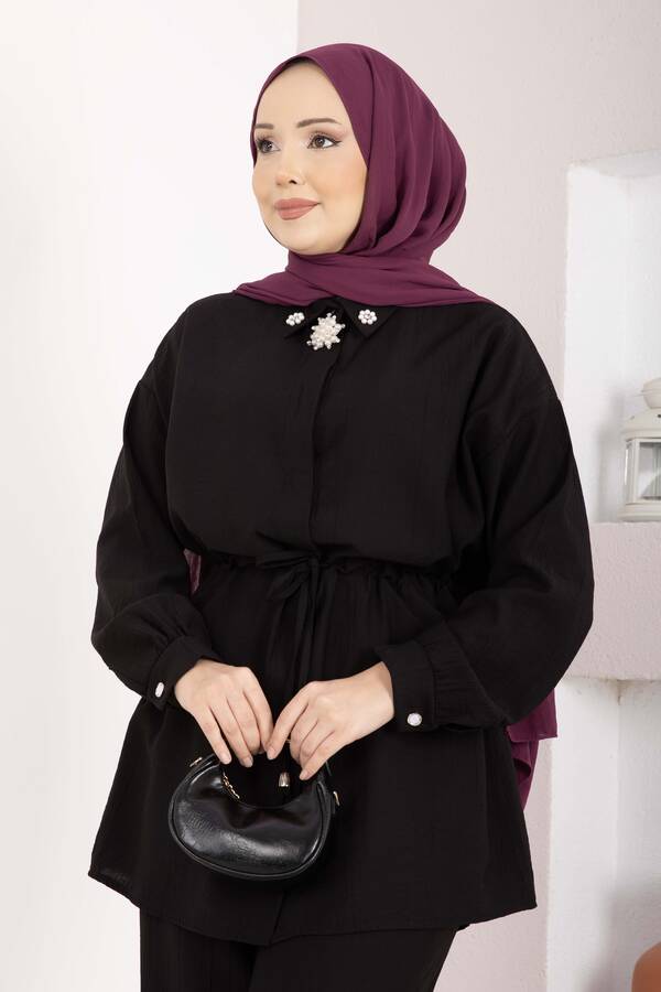 NS - Broş Detaylı Beli Tünelli Tunik Takım Siyah (1)