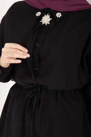 Broş Detaylı Beli Tünelli Tunik Takım Siyah - Thumbnail