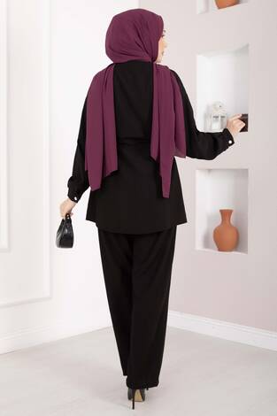 Broş Detaylı Beli Tünelli Tunik Takım Siyah - Thumbnail