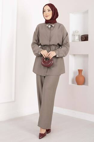 Broş Detaylı Beli Tünelli Tunik Takım Vizon - Thumbnail