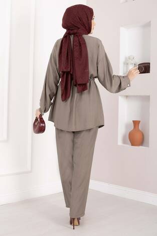 Broş Detaylı Beli Tünelli Tunik Takım Vizon - Thumbnail