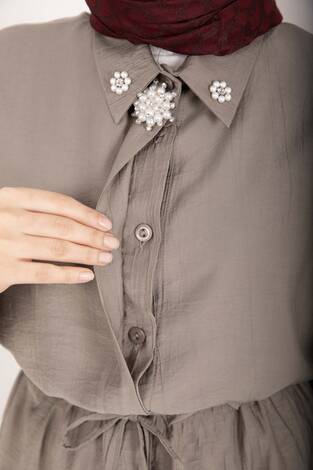 Broş Detaylı Beli Tünelli Tunik Takım Vizon - Thumbnail