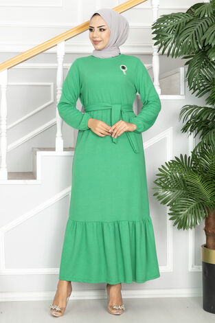 Broşlu Eteği Fırfırlı Tesettür Elbise Benetton - Thumbnail