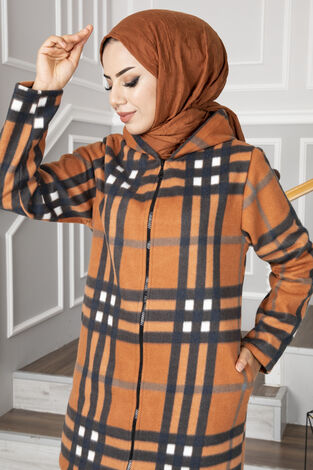 Ekose Desenli Tesettür Polar Tarçın - Thumbnail