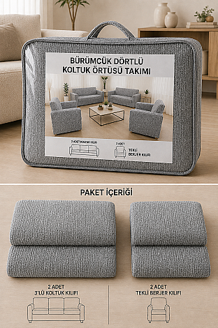 Bürümcük Dörtlü Koltuk Örtüsü Takımı Gri (1)