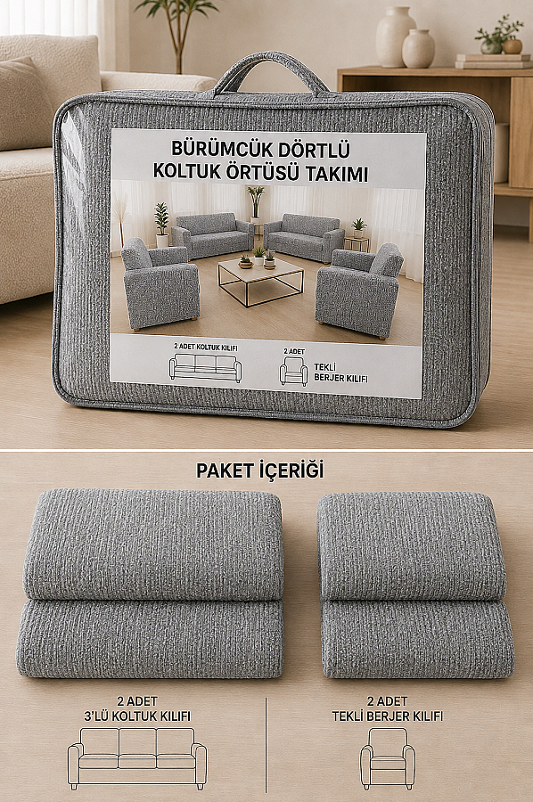 Bürümcük Dörtlü Koltuk Örtüsü Takımı Gri - 2