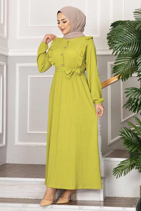 Bürümcük Fırfırlı Tesettür Elbise Fıstık Yeşili