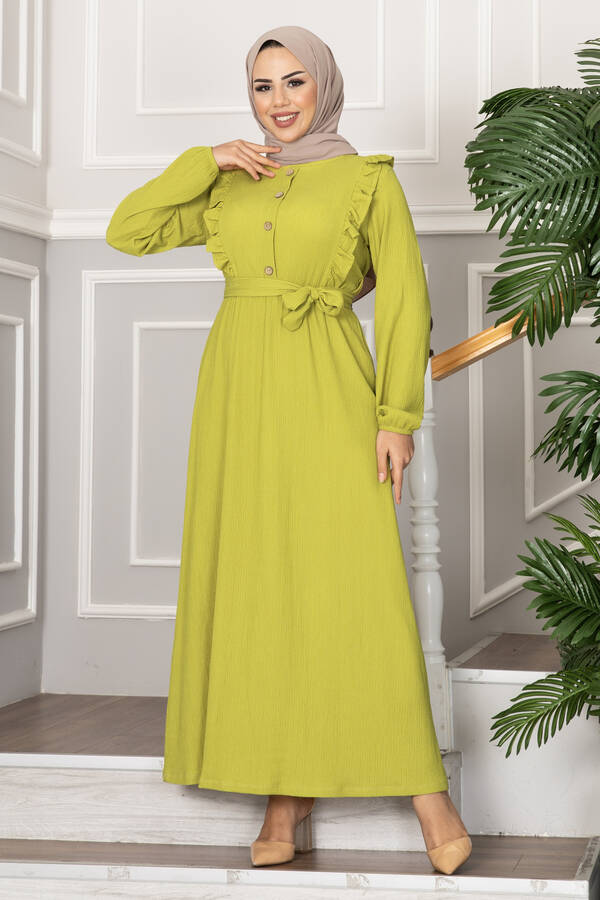 Bürümcük Fırfırlı Tesettür Elbise Fıstık Yeşili