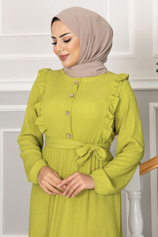 Bürümcük Fırfırlı Tesettür Elbise Fıstık Yeşili - Thumbnail