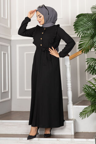 Bürümcük Fırfırlı Tesettür Elbise Siyah - Thumbnail