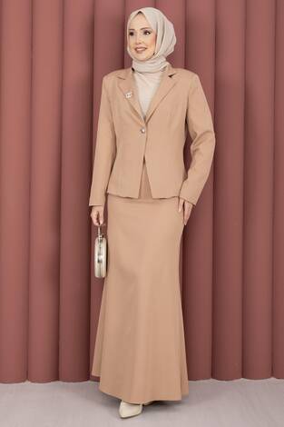 Business Blazer Ceket Etek İkili Takım Camel - Thumbnail