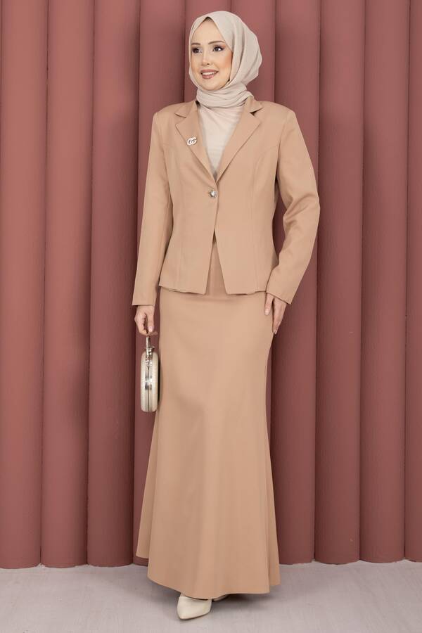 Hp - Business Blazer Ceket Etek İkili Takım Camel